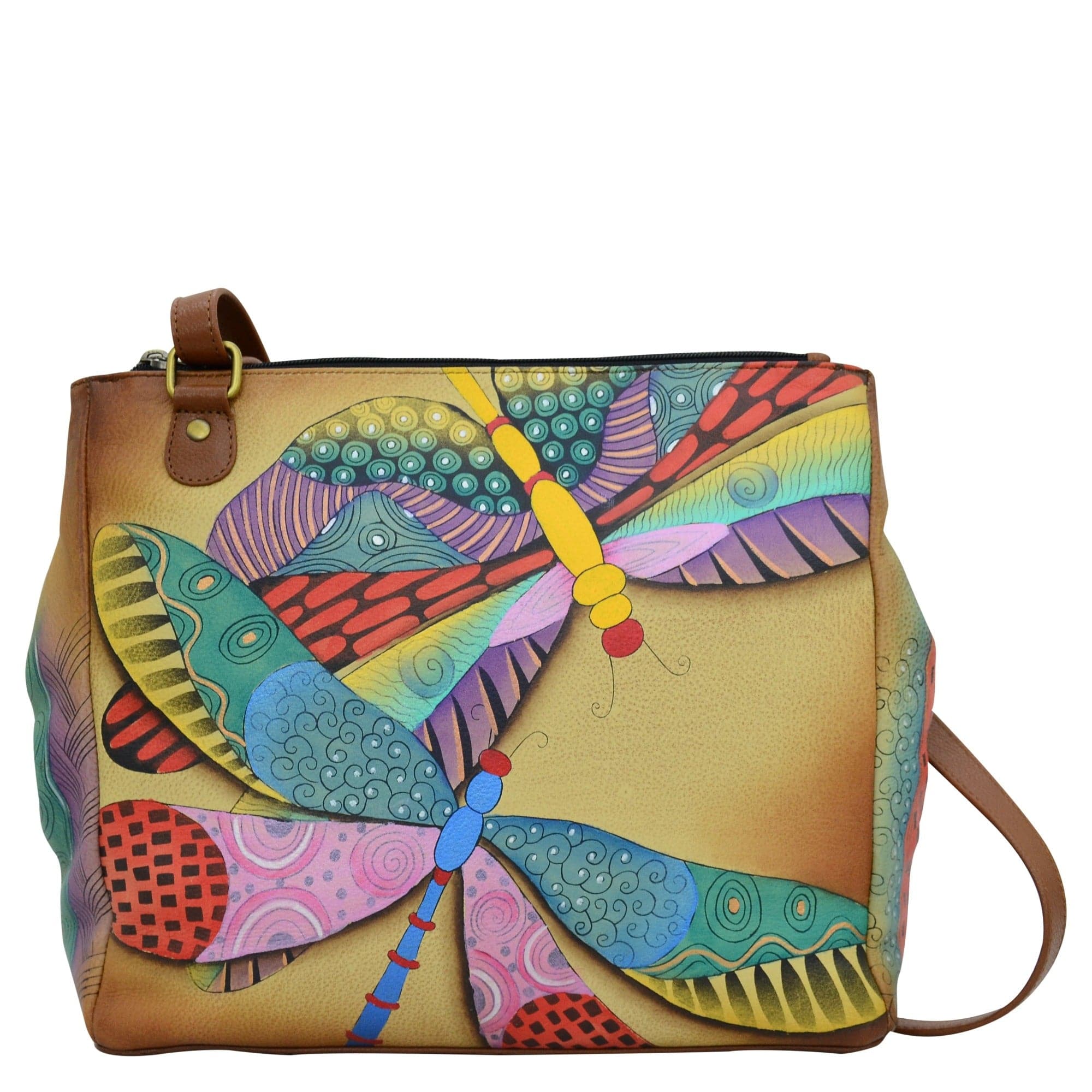 Anna by Anuschka Style 8316, handpainted Multi compartment Organizer Tote. Dancing Dragonflies painting
