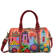 Anna by Anuschka style 8319, handpainted All Round Zip Satchel. Village Of Dreams painting in red/wine color. Featuring one zippered wall pocket, two multipurpose pockets and rear full length zippered pocket slip in cell pocket.