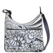 Anna by Anuschka style 8322, handpainted Zip-Top Hobo. Patchwork Pewter painting in grey color. Featuring inside one open wall pocket, one zippered pocket, two multipurpose pockets and front top zip pocket.