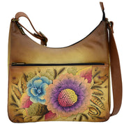 Anna by Anuschka style 8322, handpainted Zip-Top Hobo. Rustic Bouquet painting in tan color. Featuring inside one open wall pocket, one zippered pocket, two multipurpose pockets and front top zip pocket.