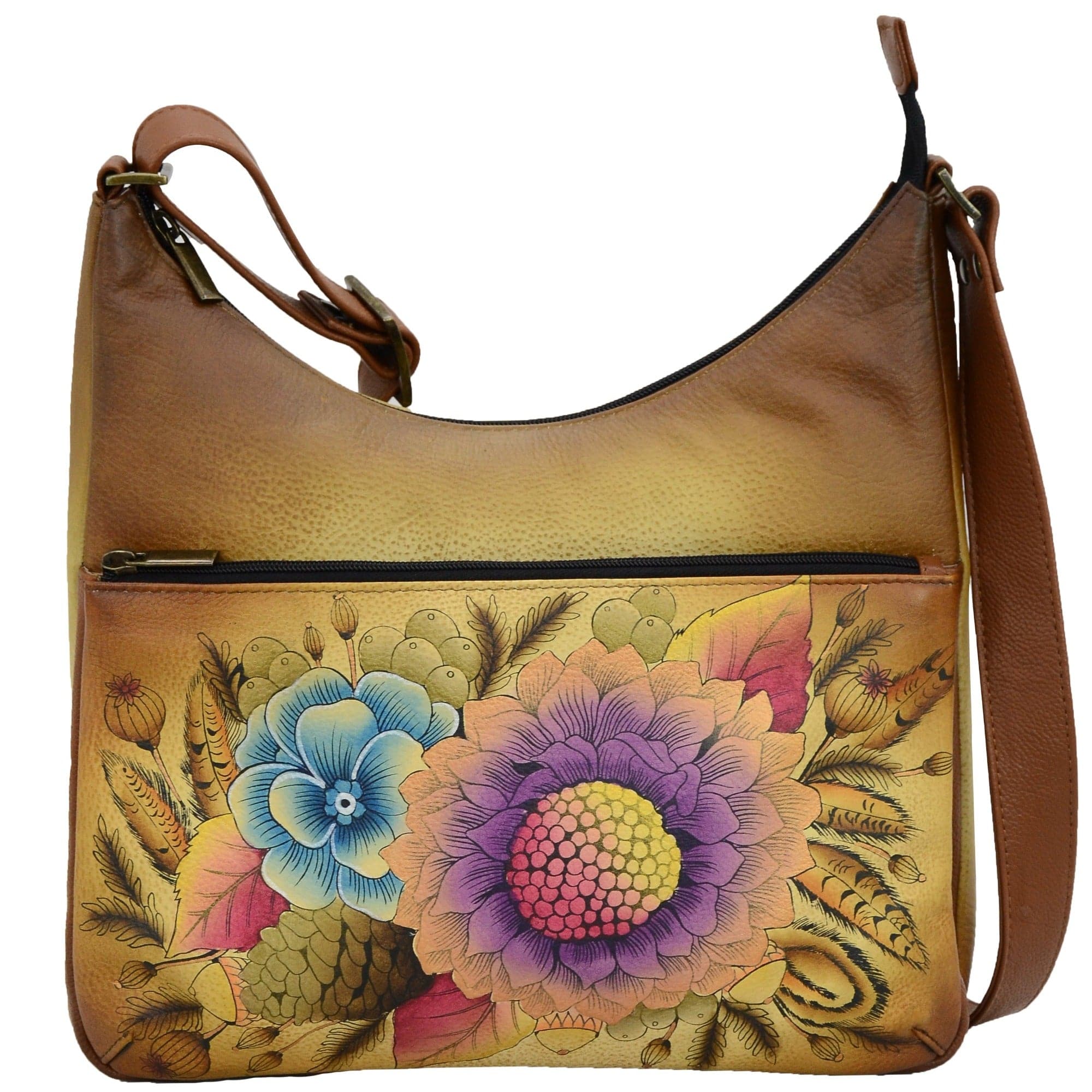 Anna by Anuschka style 8322, handpainted Zip-Top Hobo. Rustic Bouquet painting in tan color. Featuring inside one open wall pocket, one zippered pocket, two multipurpose pockets and front top zip pocket.