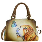 Anna by Anuschka style 8325, handpainted Small Multi Compartment Satchel. Puppy Love painting in brown color. Featuring One zippered central compartment and two open compartment, inside one full length zippered wall pocket two multipurpose pockets and rear full length zippered pocket.