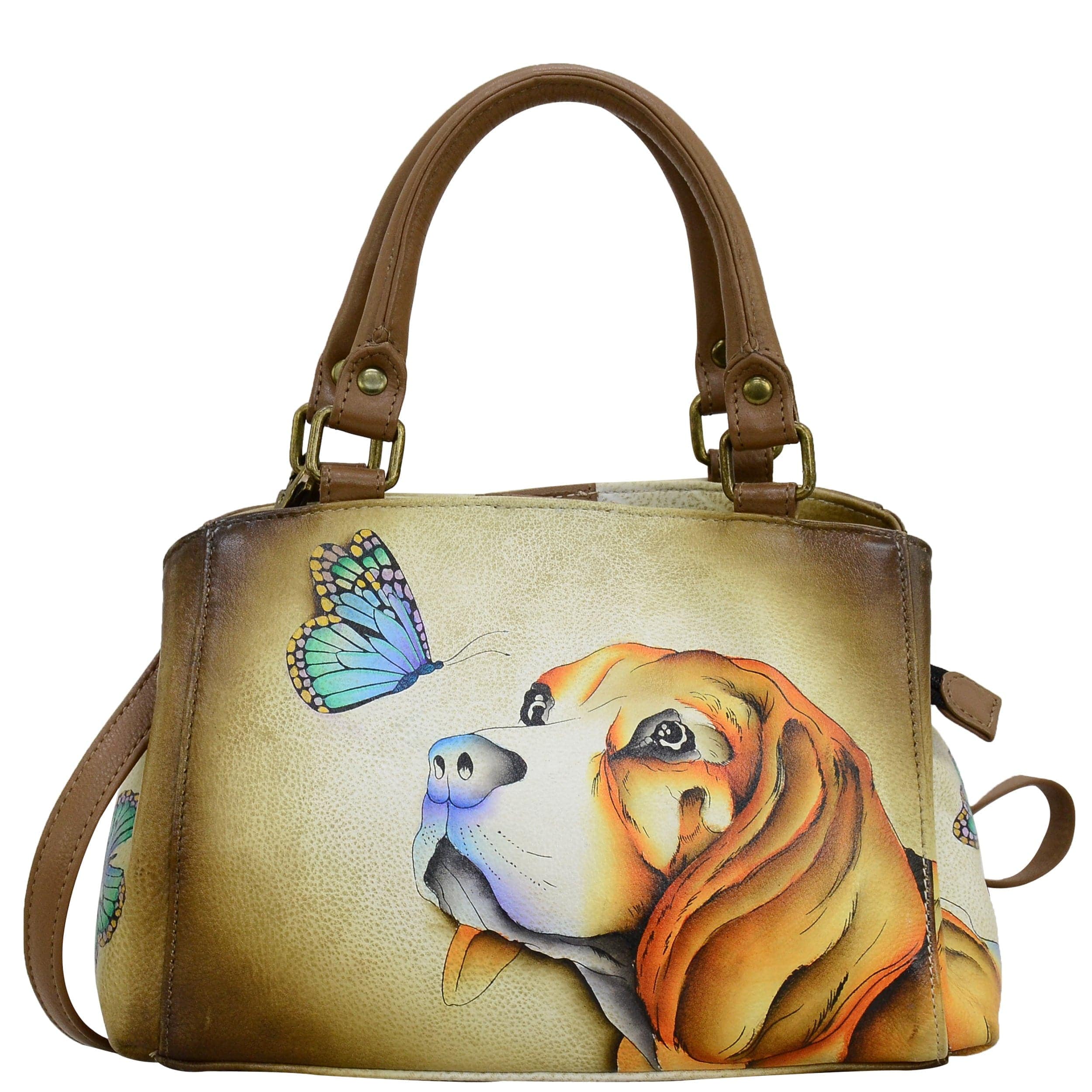 Anna by Anuschka style 8325, handpainted Small Multi Compartment Satchel. Puppy Love painting in brown color. Featuring One zippered central compartment and two open compartment, inside one full length zippered wall pocket two multipurpose pockets and rear full length zippered pocket.