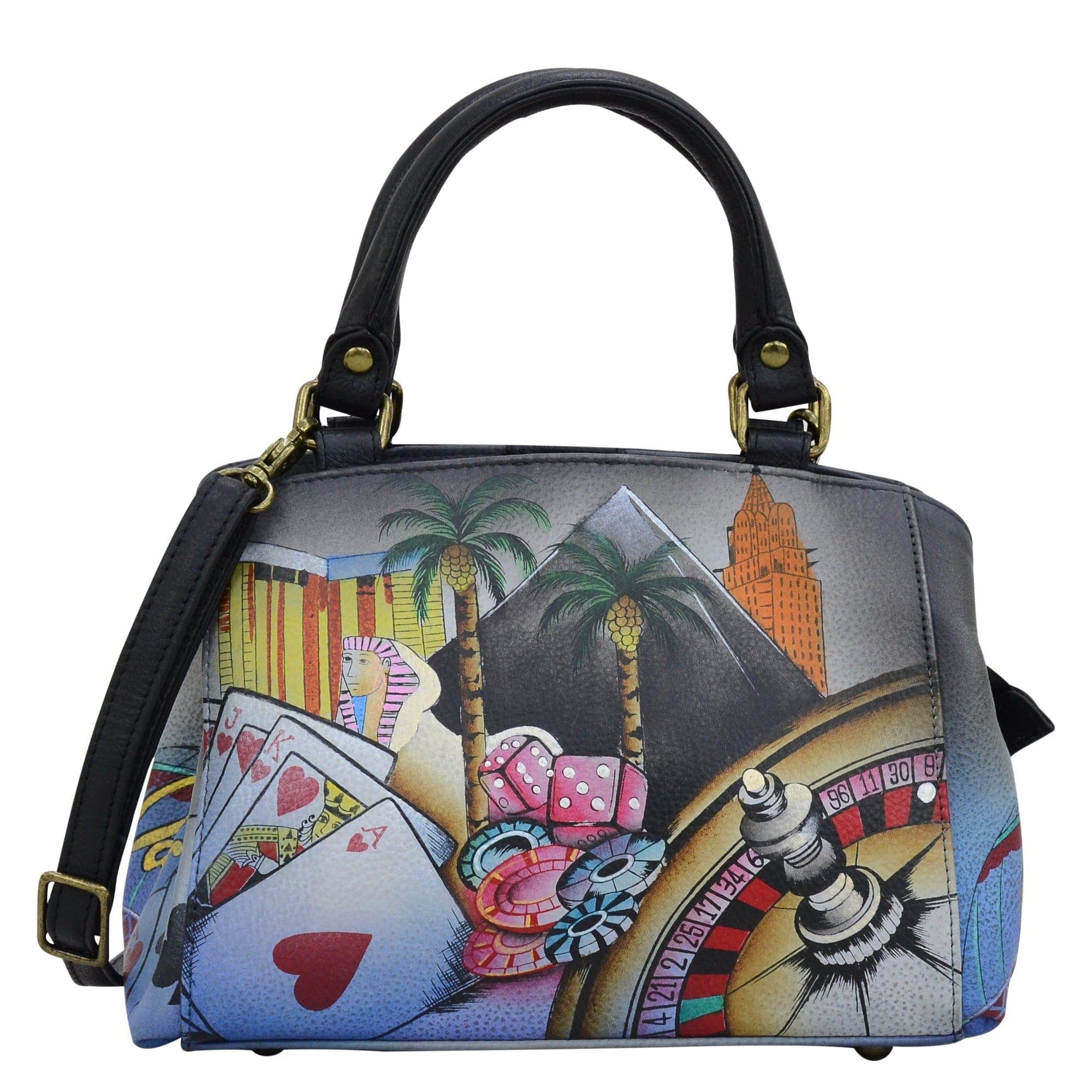 Anna by Anuschka style 8325, handpainted Small Multi Compartment Satchel. Sin City painting in black color. Featuring One zippered central compartment and two open compartment, inside one full length zippered wall pocket two multipurpose pockets and rear full length zippered pocket.