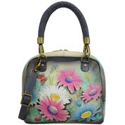 Anna by Anuschka style 8327, handpainted Medium Zip-Around Satchel. Enchanted Evening painting in grey color. Featuring two slip in pockets in front and back, inside zippered central compartment, zippered wall pocket and two multipurpose pockets.