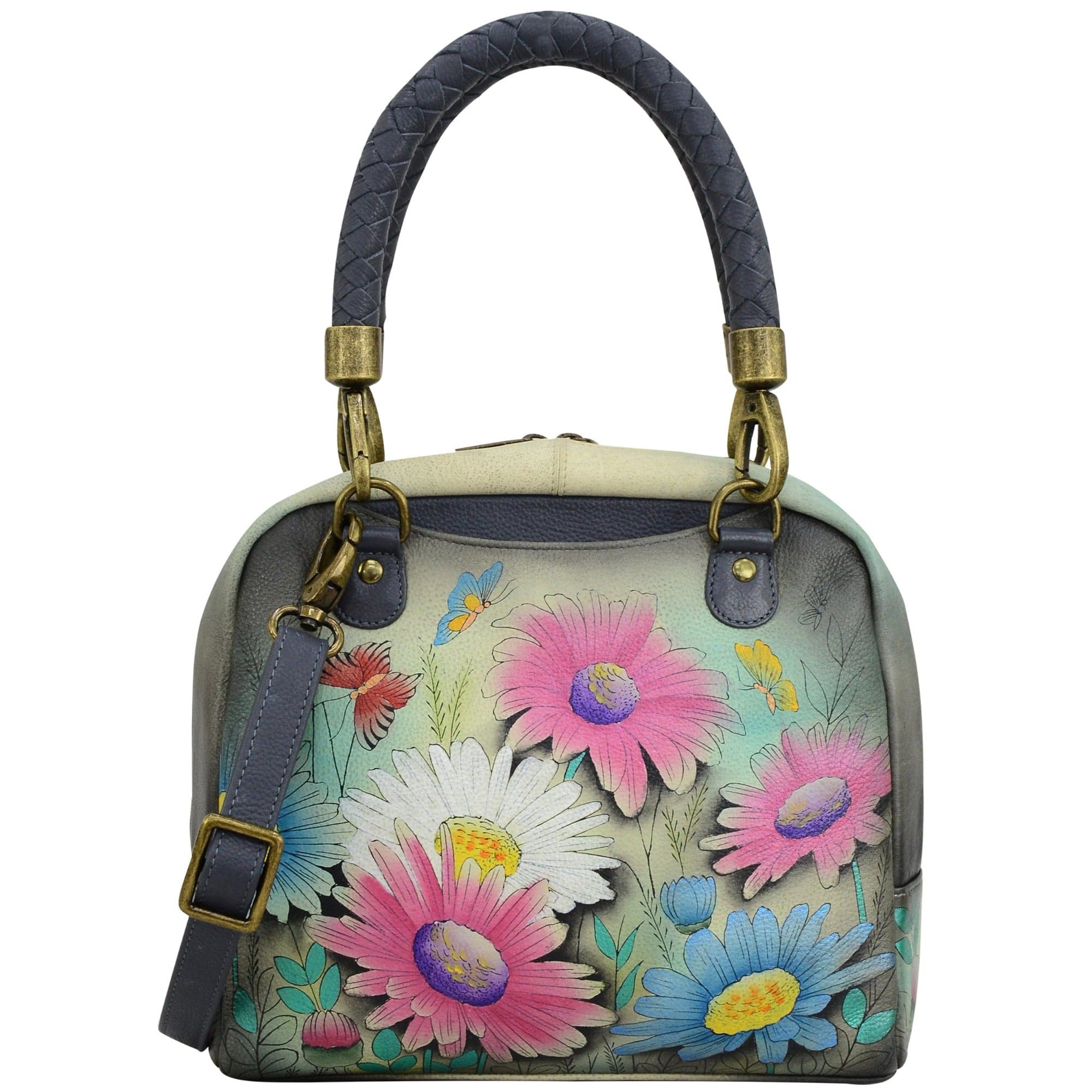 Anna by Anuschka style 8327, handpainted Medium Zip-Around Satchel. Enchanted Evening painting in grey color. Featuring two slip in pockets in front and back, inside zippered central compartment, zippered wall pocket and two multipurpose pockets.