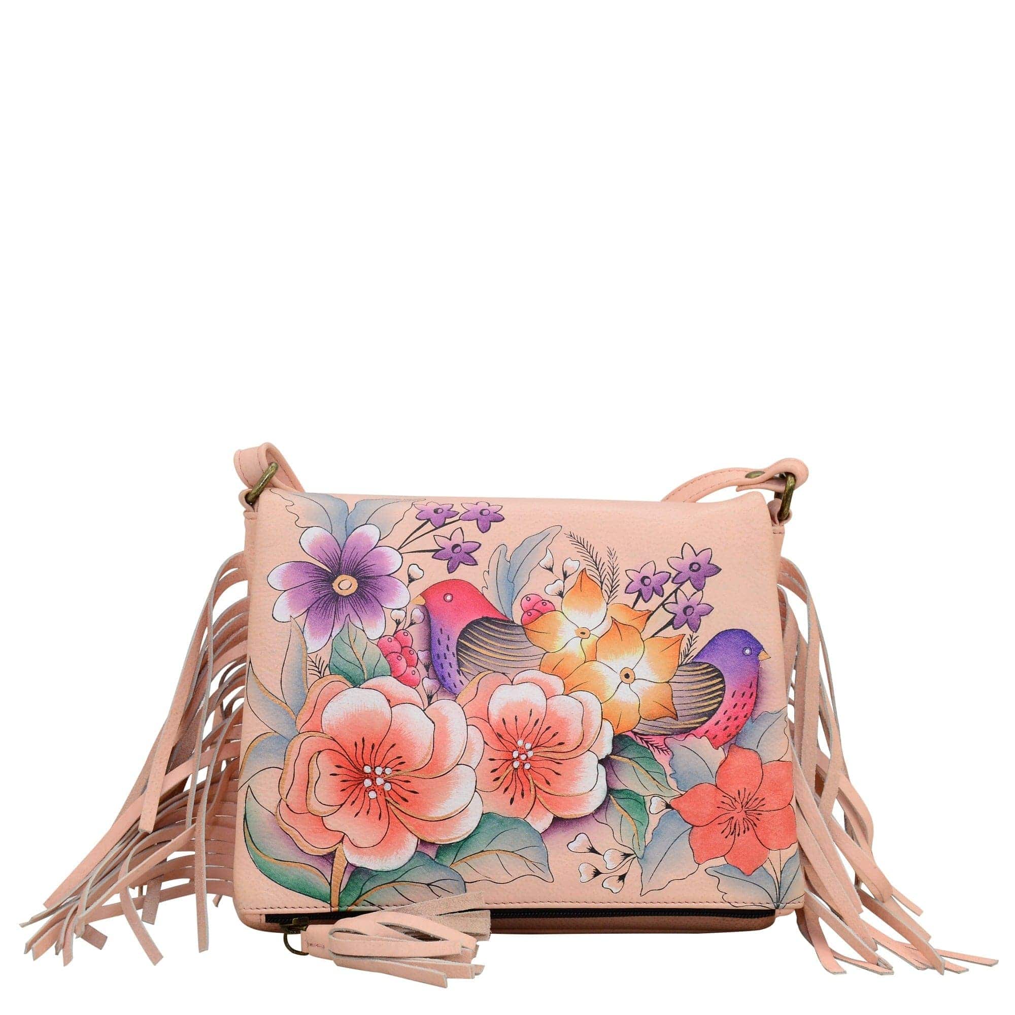 Anna by Anuschka style 8335, handpainted Fringed Flap Crossbody. Vintage Garden painting in pink/peach color. Featuring inside zippered wall pocket, two multipurpose pockets and rear full length zippered pocket, slip in cell pocket.