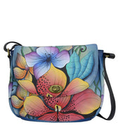 Anna by Anuschka style 8337, handpainted Flap Crossbody. Midnight Floral painting in black color. Featuring one full length zippered wall pocket, under flap, inside one full length zippered wall pocket and two multipurpose pockets.