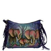Anna by Anuschka style 8339, handpainted Large Fringed Hobo. Elephant Family painting in green/mint color. Featuring one zippered central compartment with four pop up credit card holder and one ID window, inside one full length zippered wall pocket, one open wall pocket and two multipurpose pockets.