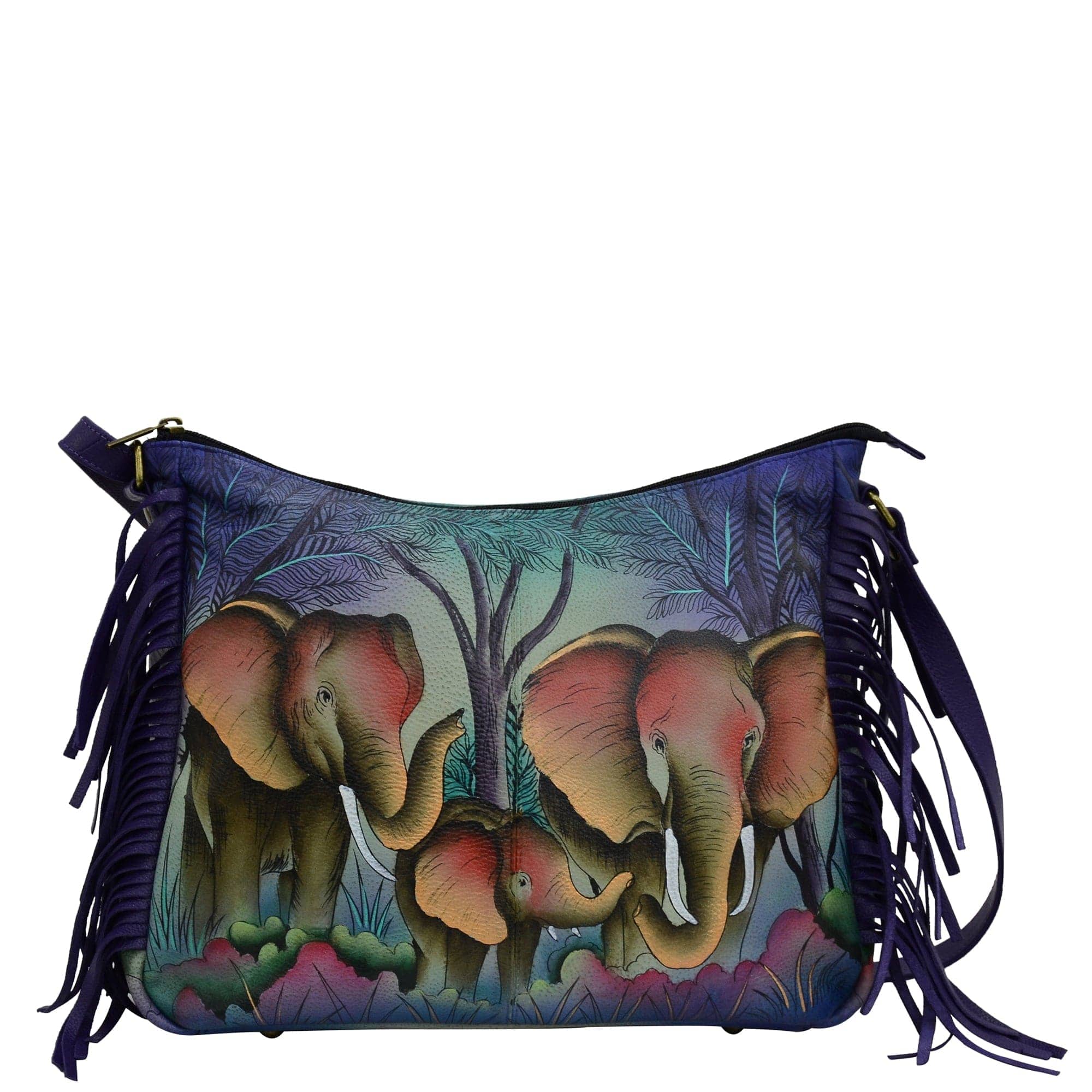 Anna by Anuschka style 8339, handpainted Large Fringed Hobo. Elephant Family painting in green/mint color. Featuring one zippered central compartment with four pop up credit card holder and one ID window, inside one full length zippered wall pocket, one open wall pocket and two multipurpose pockets.