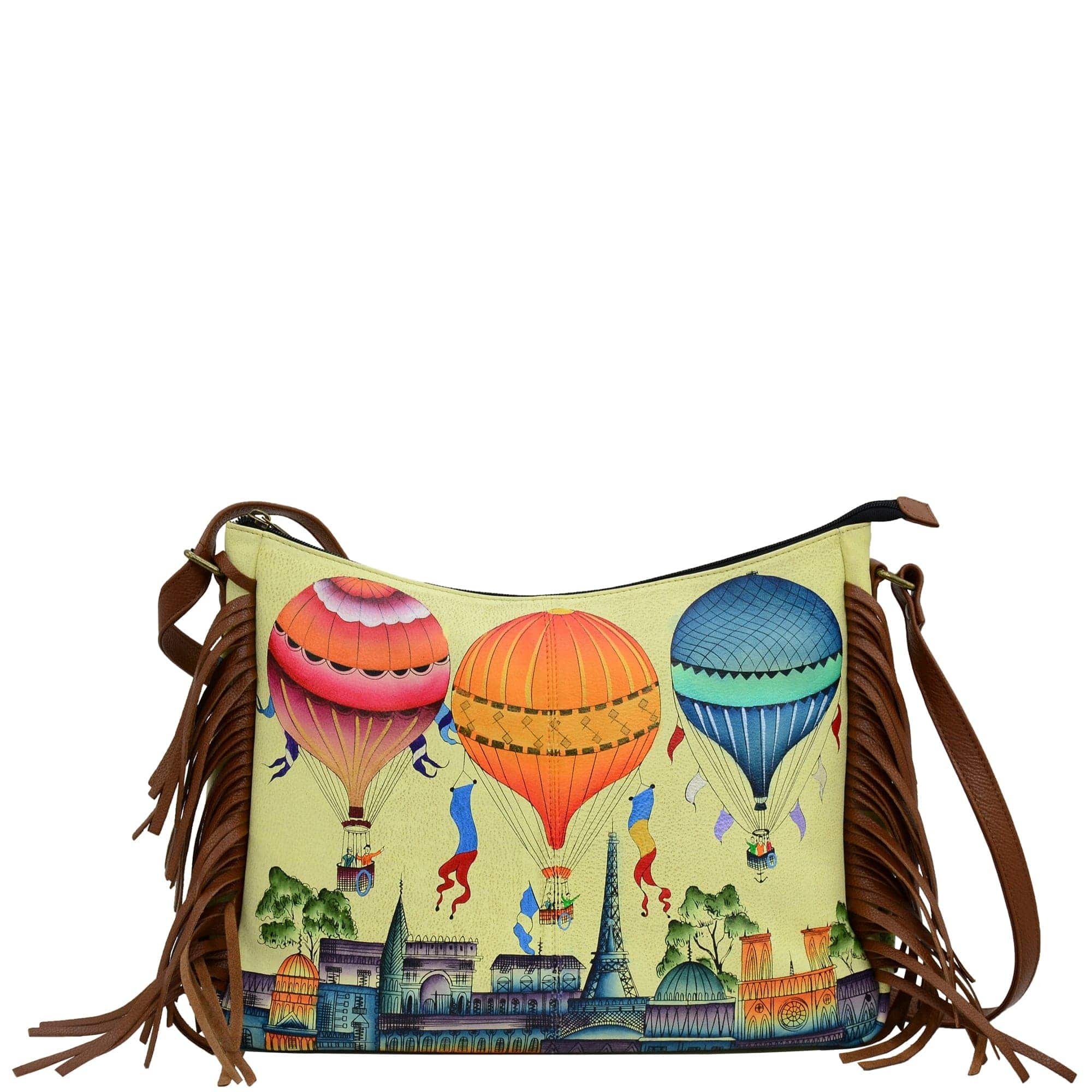 Anna by Anuschka style 8339, handpainted Large Fringed Hobo. Festive Sky painting in yellow color. Featuring one zippered central compartment with four pop up credit card holder and one ID window, inside one full length zippered wall pocket, one open wall pocket and two multipurpose pockets.