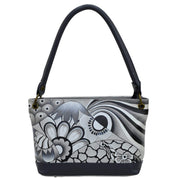 Anna by Anuschka style 8348, handpainted Medium Shoulder Tote. Patchwork Pewter painting in grey color. Featuring inside zippered wall pocket, two multipurpose pockets, rear full length zippered pocket and slip in cell pocket.