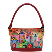 Anna by Anuschka style 8348, handpainted Medium Shoulder Tote. Village Of Dreams painting in red/wine color. Featuring inside zippered wall pocket, two multipurpose pockets, rear full length zippered pocket and slip in cell pocket.