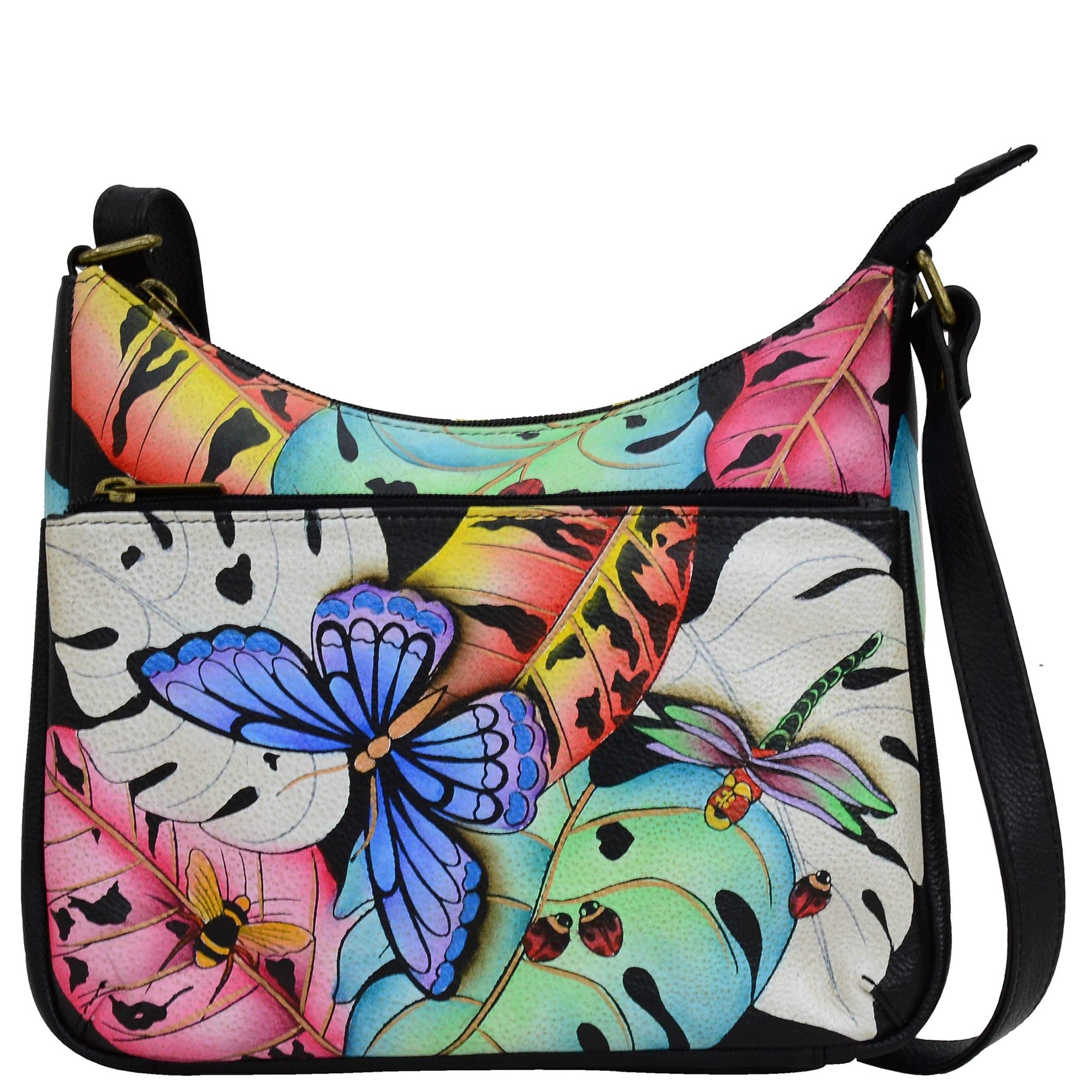 Anna by Anuschka style 8350, handpainted Medium Crossbody Hobo. Lovely Leaves painting in multi color. Featuring inside zippered wall pocket, two multipurpose pockets and front zippered pocket.