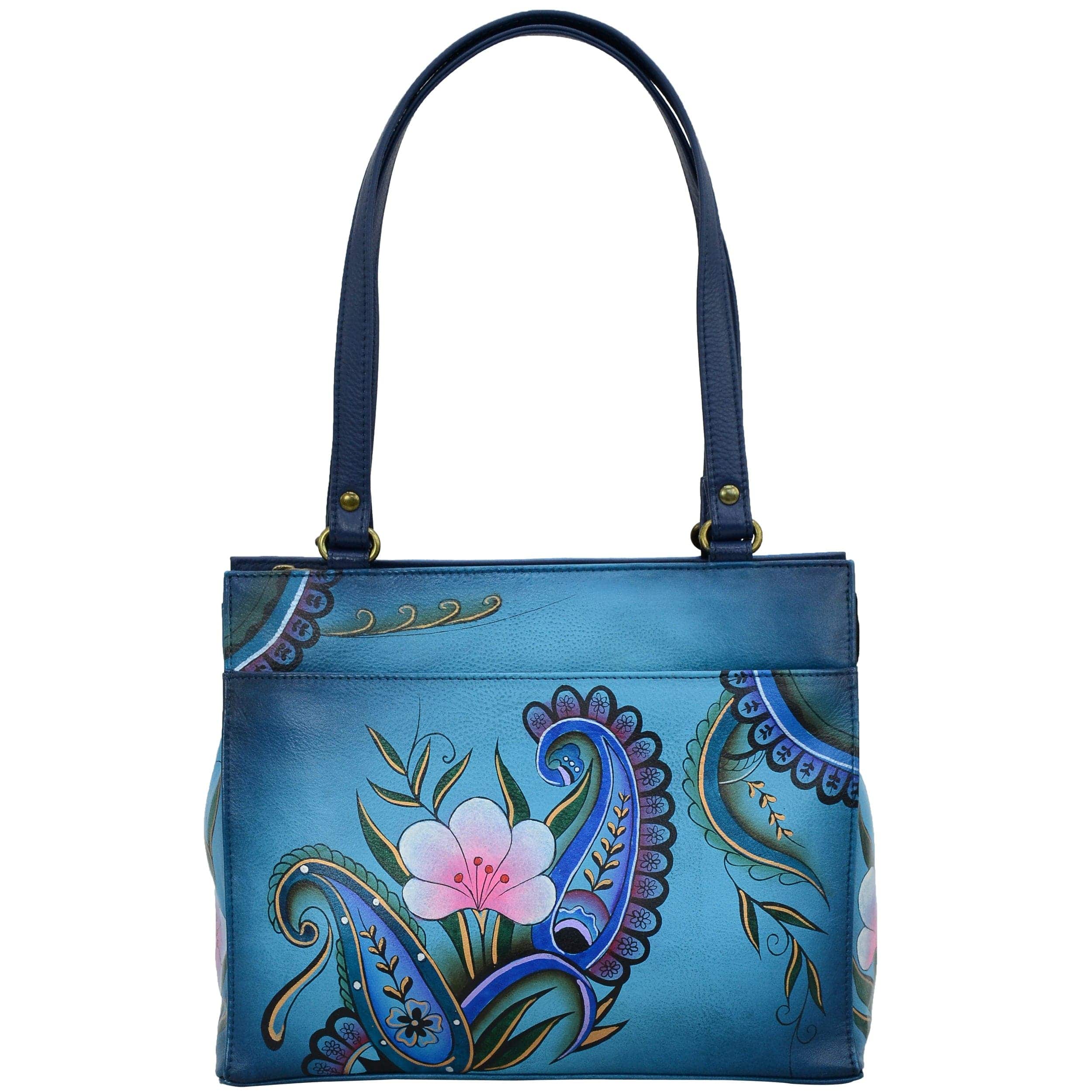 Anna by Anuschka style 8360, handpainted Medium Shoulder Bag. Denim Paisley Floral painting in blue color. Featuring four multipurpose slip in pockets and three card holders and pen holders.