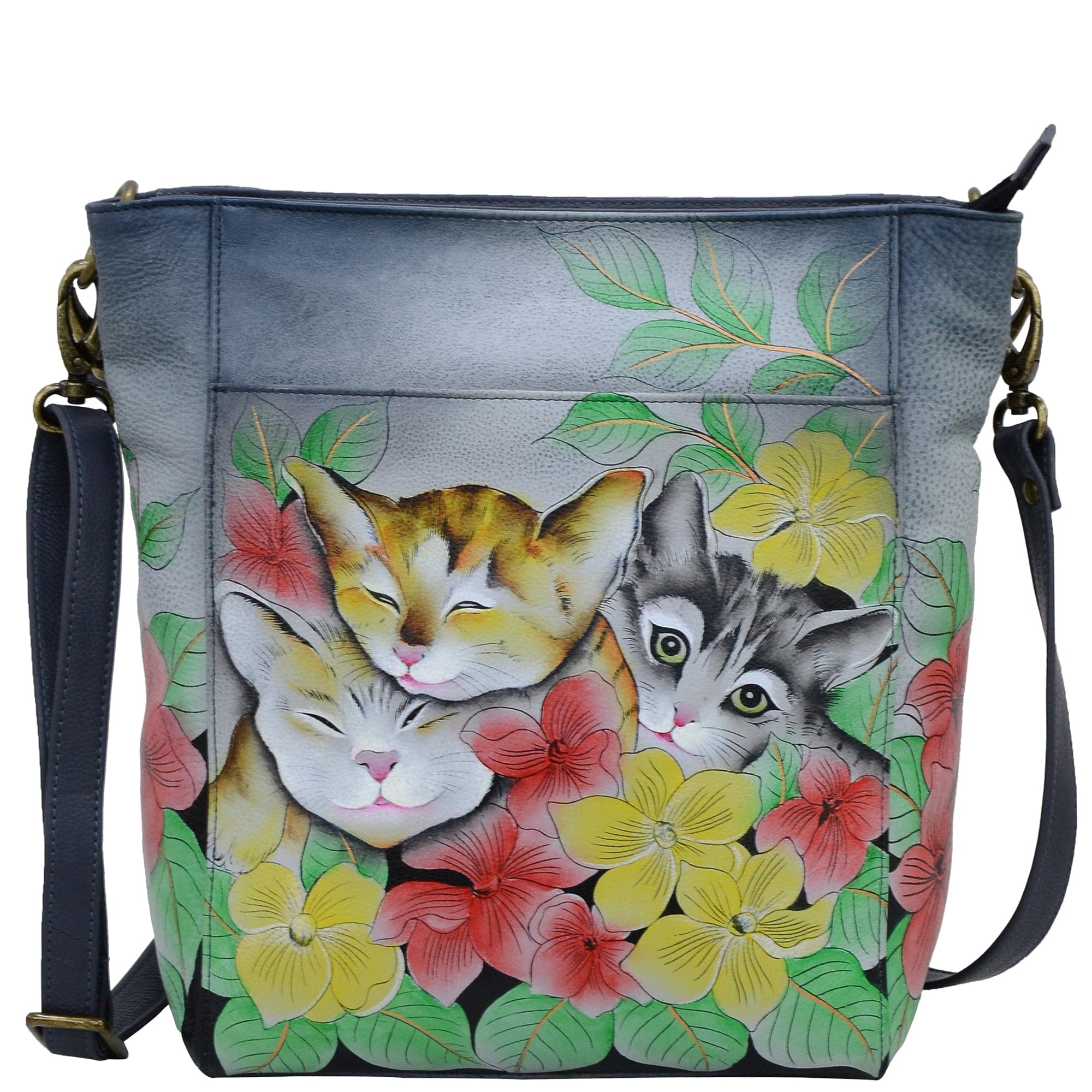 Anna by Anuschka style 8365, handpainted Large Hobo. Three Kittens painting in grey color. Featuring inside one full length zippered wall pocket, one open wall pocket two multipurpose pockets.