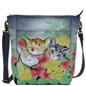 Anna by Anuschka style 8365, handpainted Large Hobo. Three Kittens painting in grey color. Featuring inside one full length zippered wall pocket, one open wall pocket two multipurpose pockets.