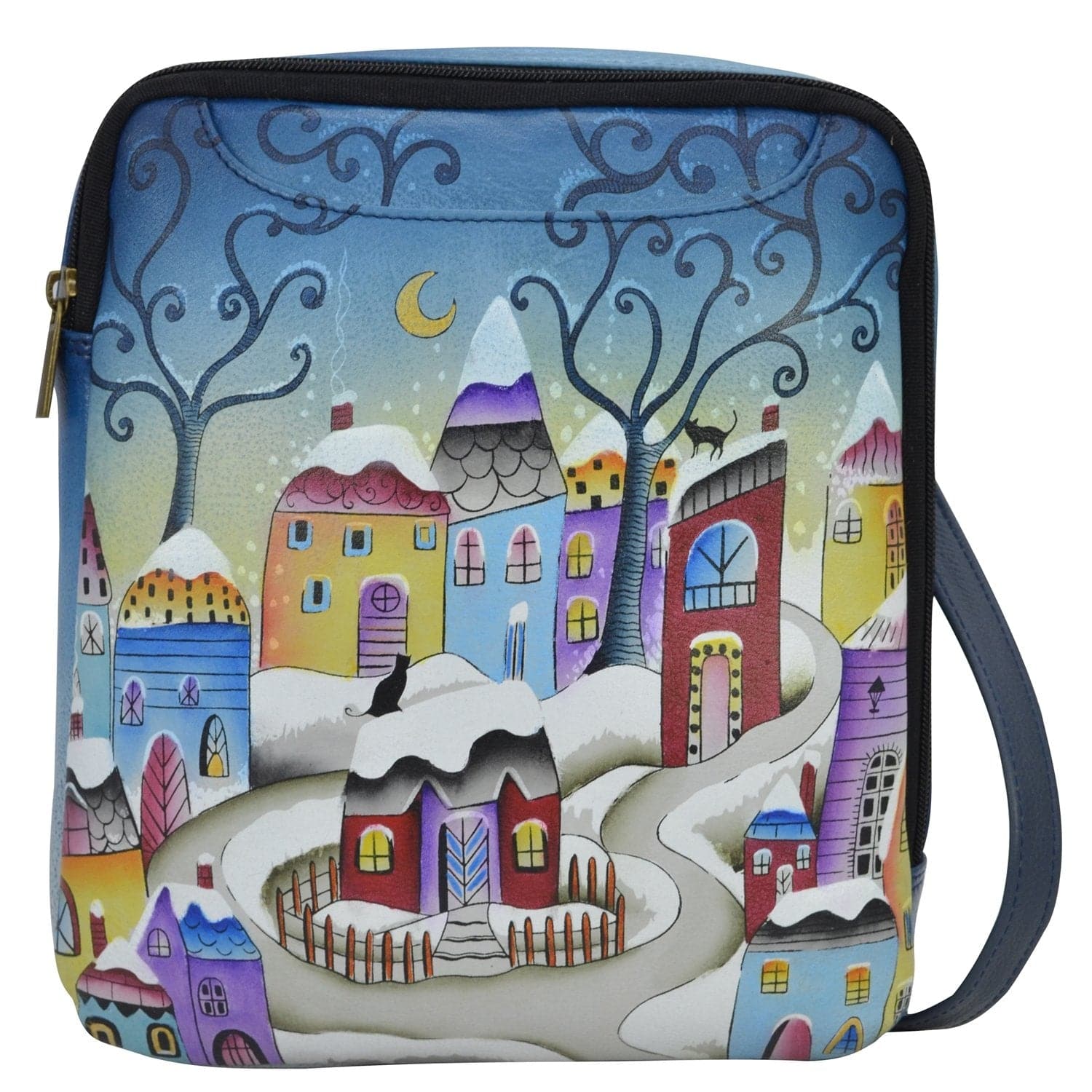Anna by Anuschka Style 8369, handpainted Travel Organizer Crossbody. Winter Village painting