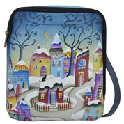 Anna by Anuschka Style 8369, handpainted Travel Organizer Crossbody. Winter Village painting