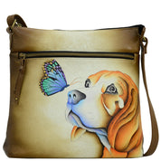 Anna by Anuschka style 8374, handpainted Large Crossbody. Puppy Love painting in brown color. Featuring Front full length zippered pocket and inside one zippered wall pocket, one open wall pocket two multipurpose pockets.