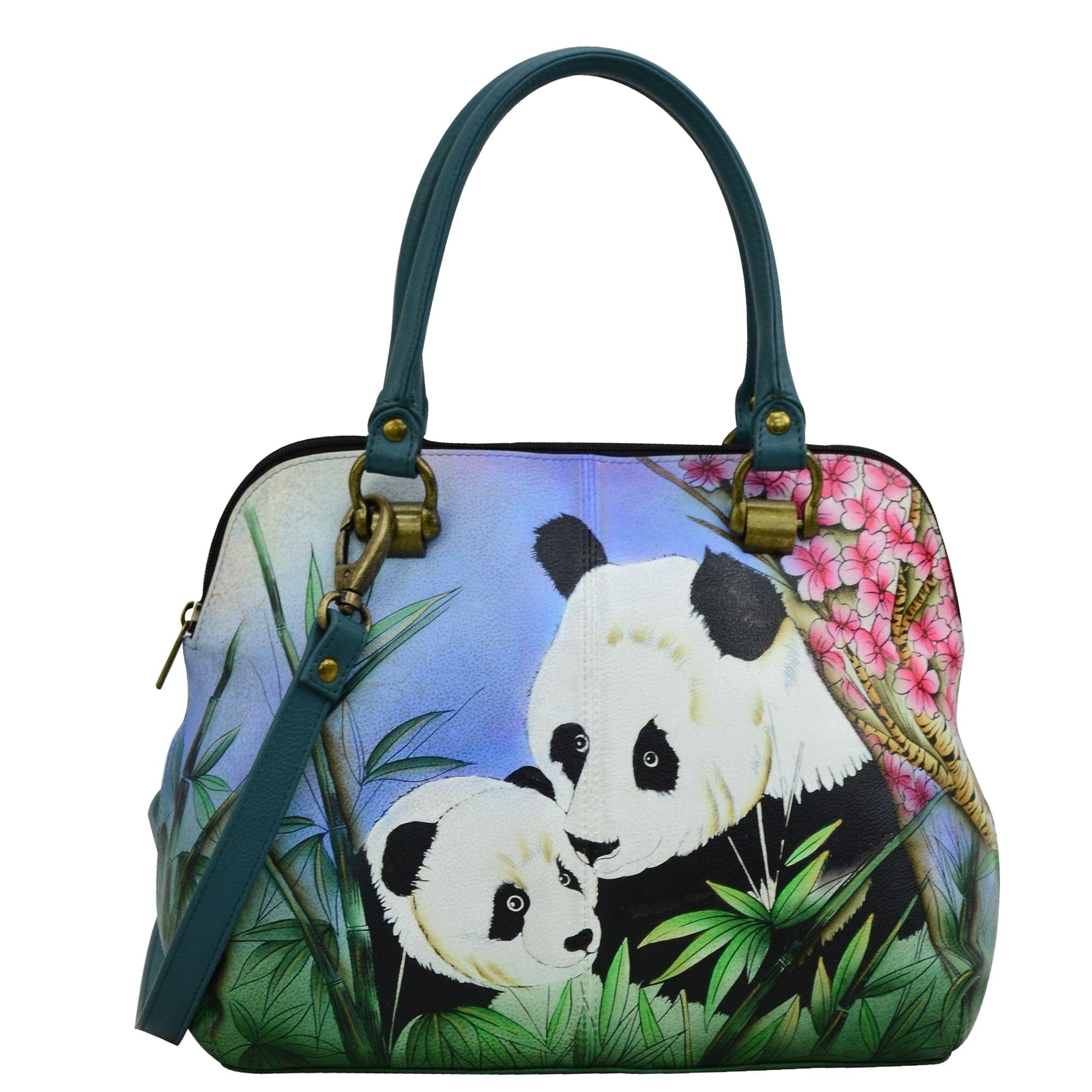 Anna by Anuschka style 8375, handpainted Medium Satchel. Lovable Pandas painting in multi color. Featuring Inside one zippered wall pocket, one open wall pocket, two multipurpose pockets and rear full length zippered pocket, slip in cell pocket.
