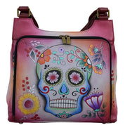 Anna by Anuschka style 8378, handpainted Multicompartment Organizer Satchel. Sugar Skulls painting in red/wine color. Featuring iPad Pro chamber with hook and loop fastener, two multipurpose gusseted Pockets and front all round zippered gusseted compartment with Twenty card holder.