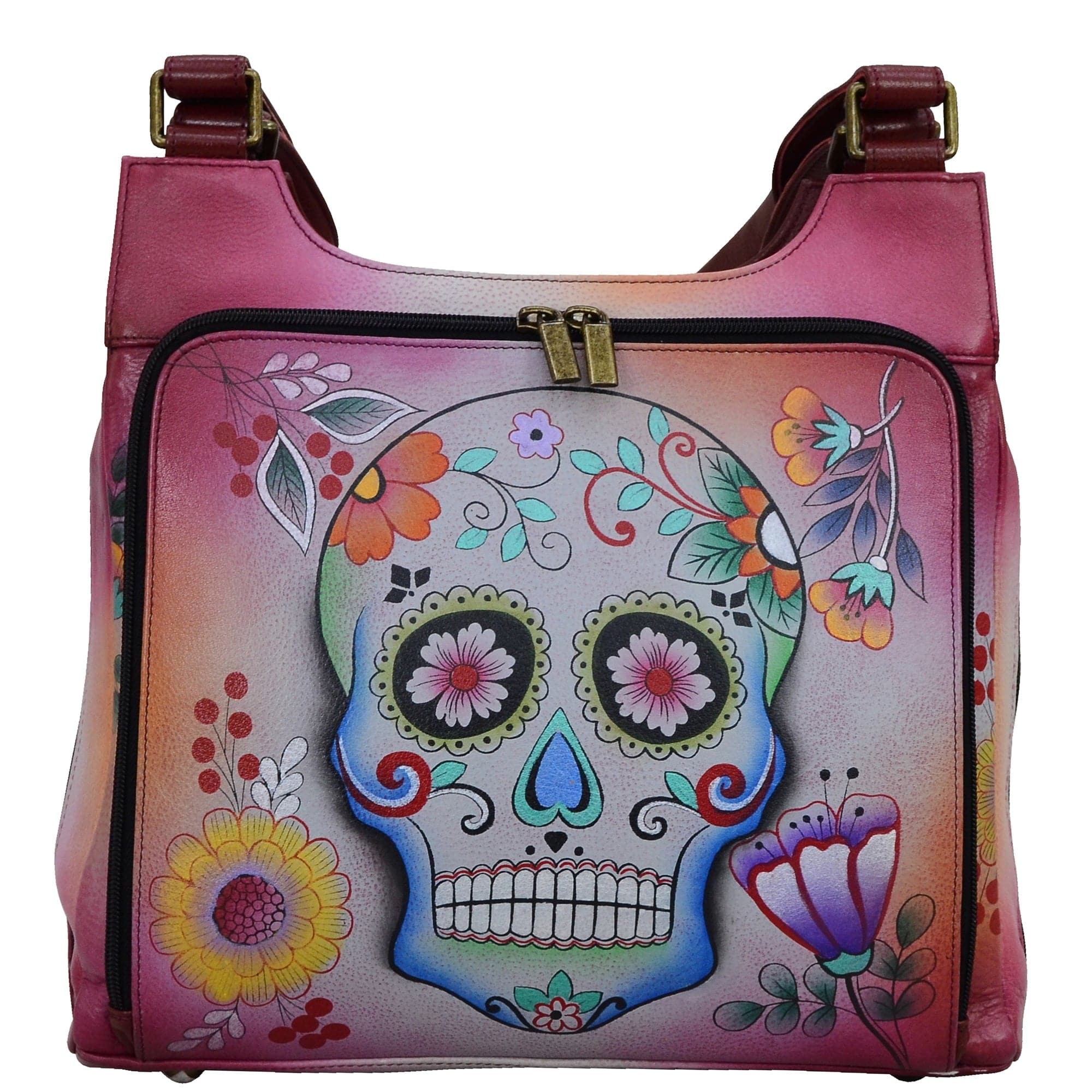 Anna by Anuschka style 8378, handpainted Multicompartment Organizer Satchel. Sugar Skulls painting in red/wine color. Featuring iPad Pro chamber with hook and loop fastener, two multipurpose gusseted Pockets and front all round zippered gusseted compartment with Twenty card holder.