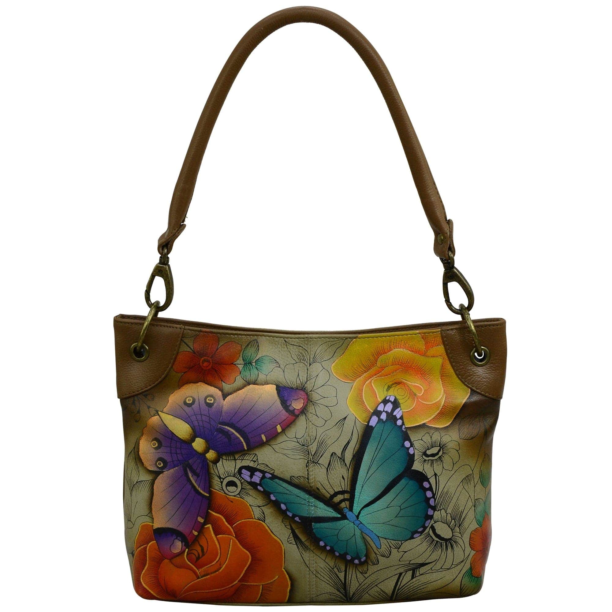 Anna by Anuschka style 8382, handpainted Hobo. Floral Paradise Tan painting in tan color. Featuring inside one zippered compartment, one open wall pocket, two multi-purpose pockets with gusset and rear full length zippered pocket, slip in cell pocket.