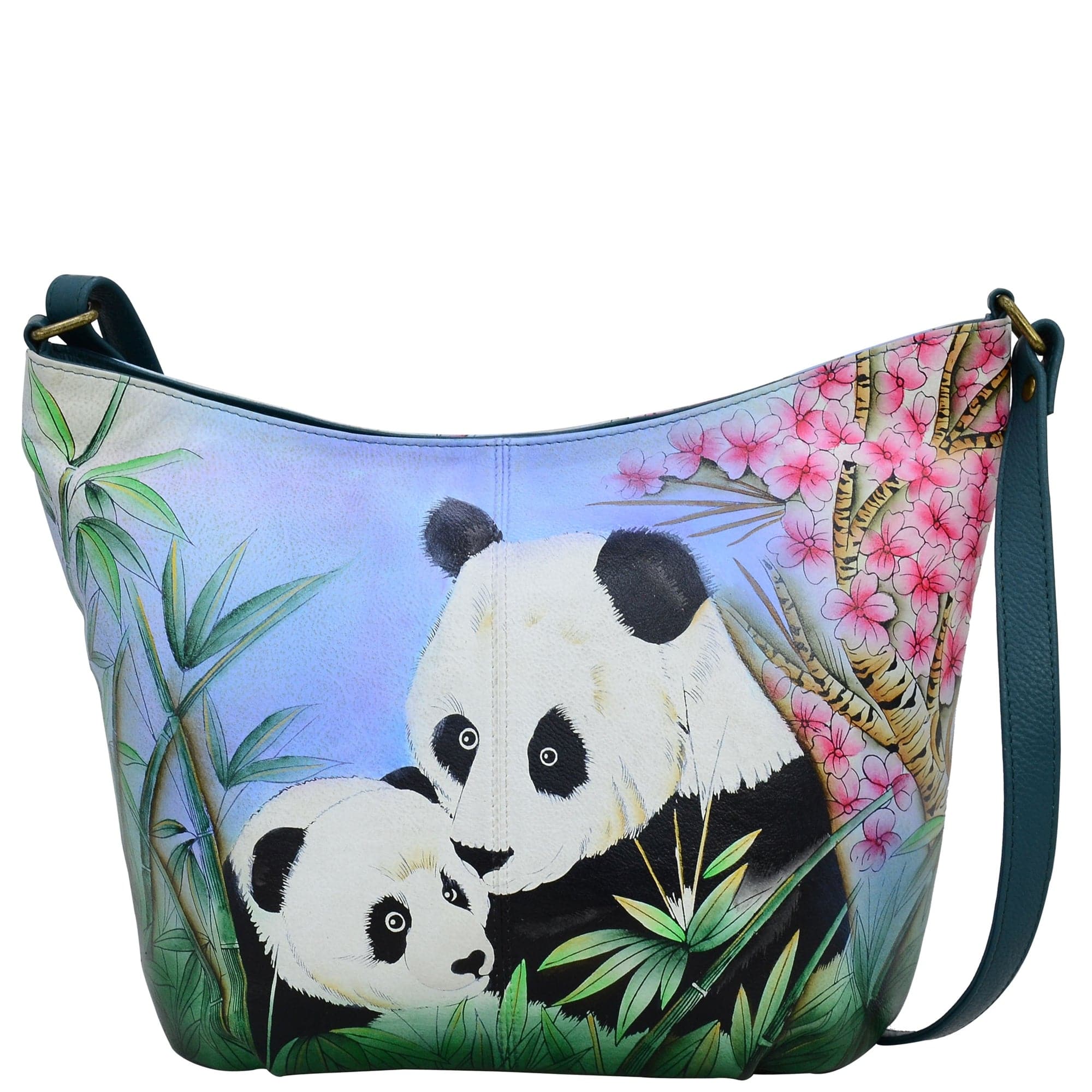 Anna by Anuschka style 8388, handpainted Medium Hobo. Lovable Pandas painting in multi color. Featuring inside full length zippered wall pocket, two multipurpose pockets with gusset.