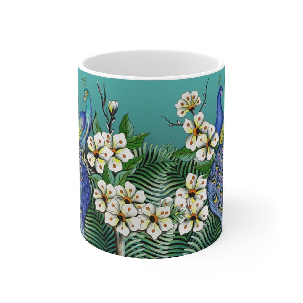 Anuschka Coffee Mug, Peacocks At Dawn printing in Green/Mint color. Featuring can be safely placed in a microwave for food or liquid heating and suitable for dishwasher use.