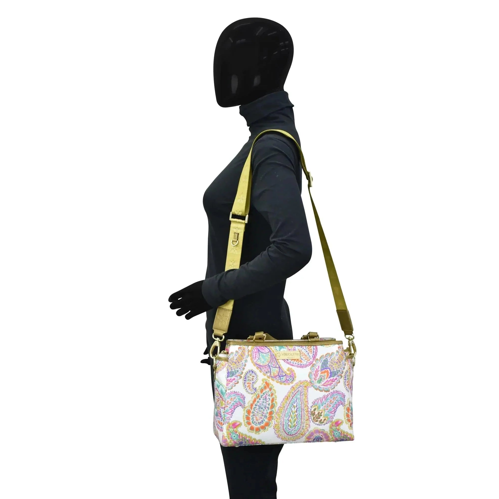 Fabric with Leather Trim Multi Compartment Satchel - 12014