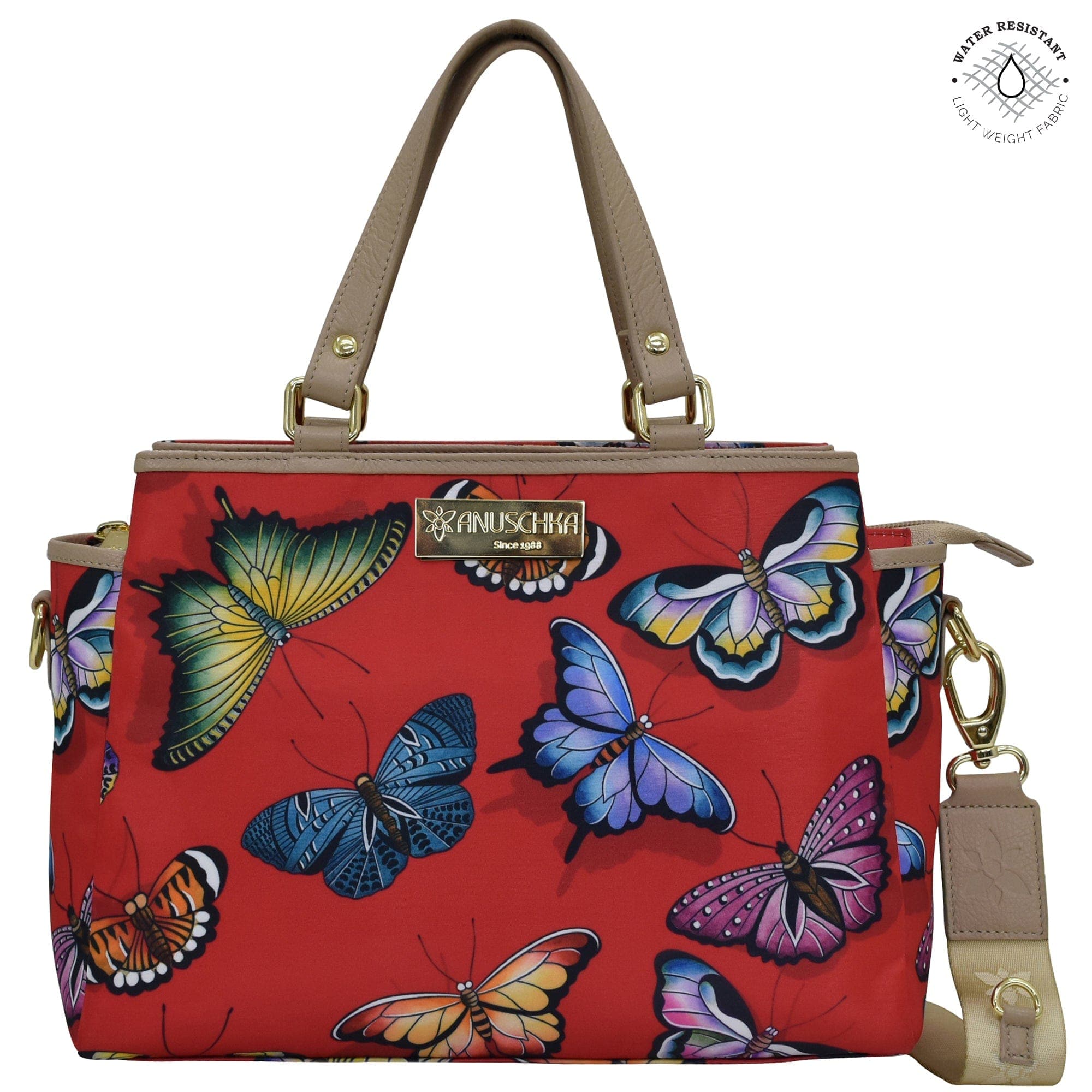 Butterfly Heaven Ruby Fabric with Leather Trim Multi Compartment Satchel - 12014