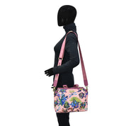 Fabric with Leather Trim Multi Compartment Satchel - 12014