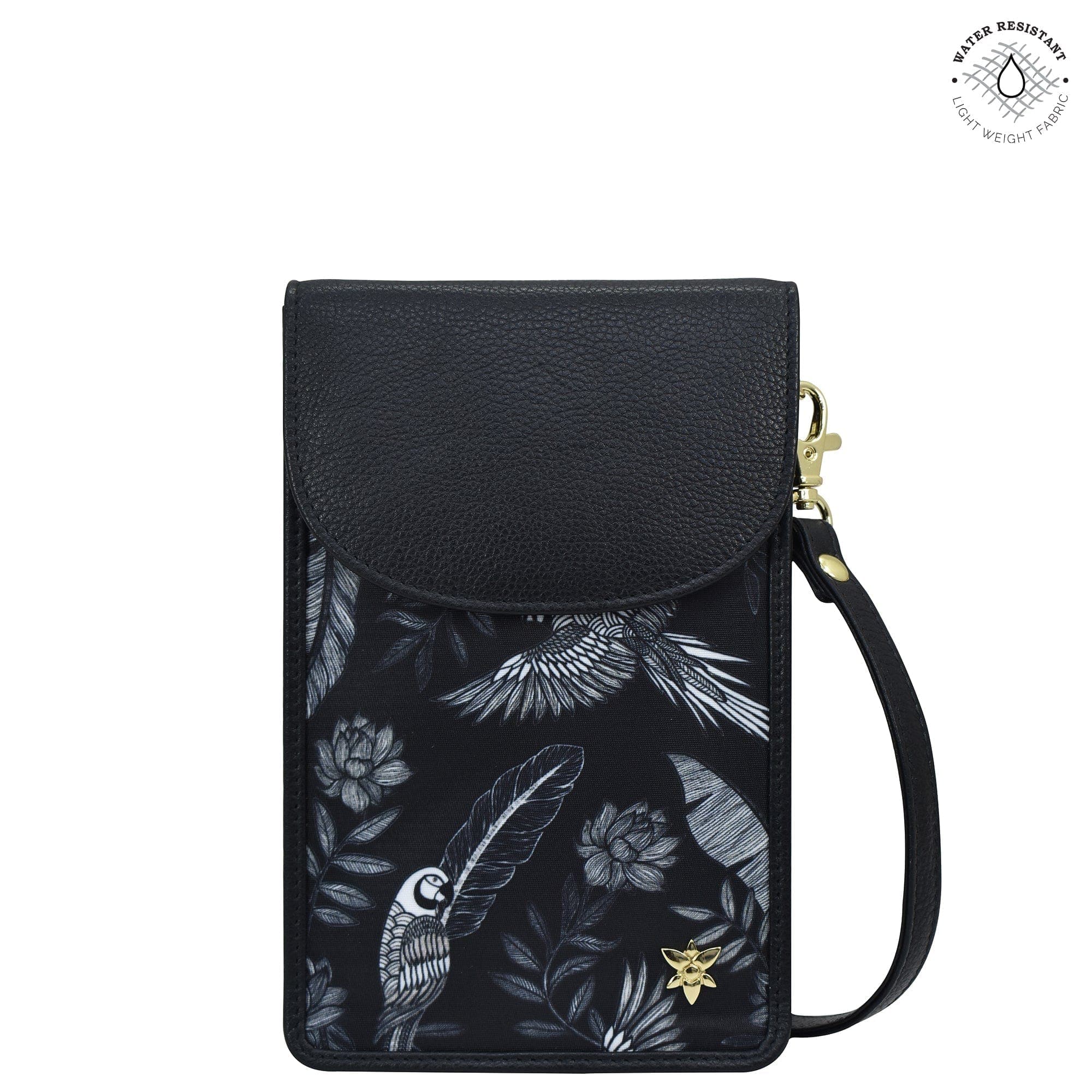 Jungle Macaws Fabric with Leather Trim Cell Phone Crossbody Wallet - 13005