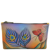 Anna by Anuschka style 1702, handpainted Cosmetic Case. Peacock Butterfly painting in multi color. Featuring top zip entry cosmetic case.