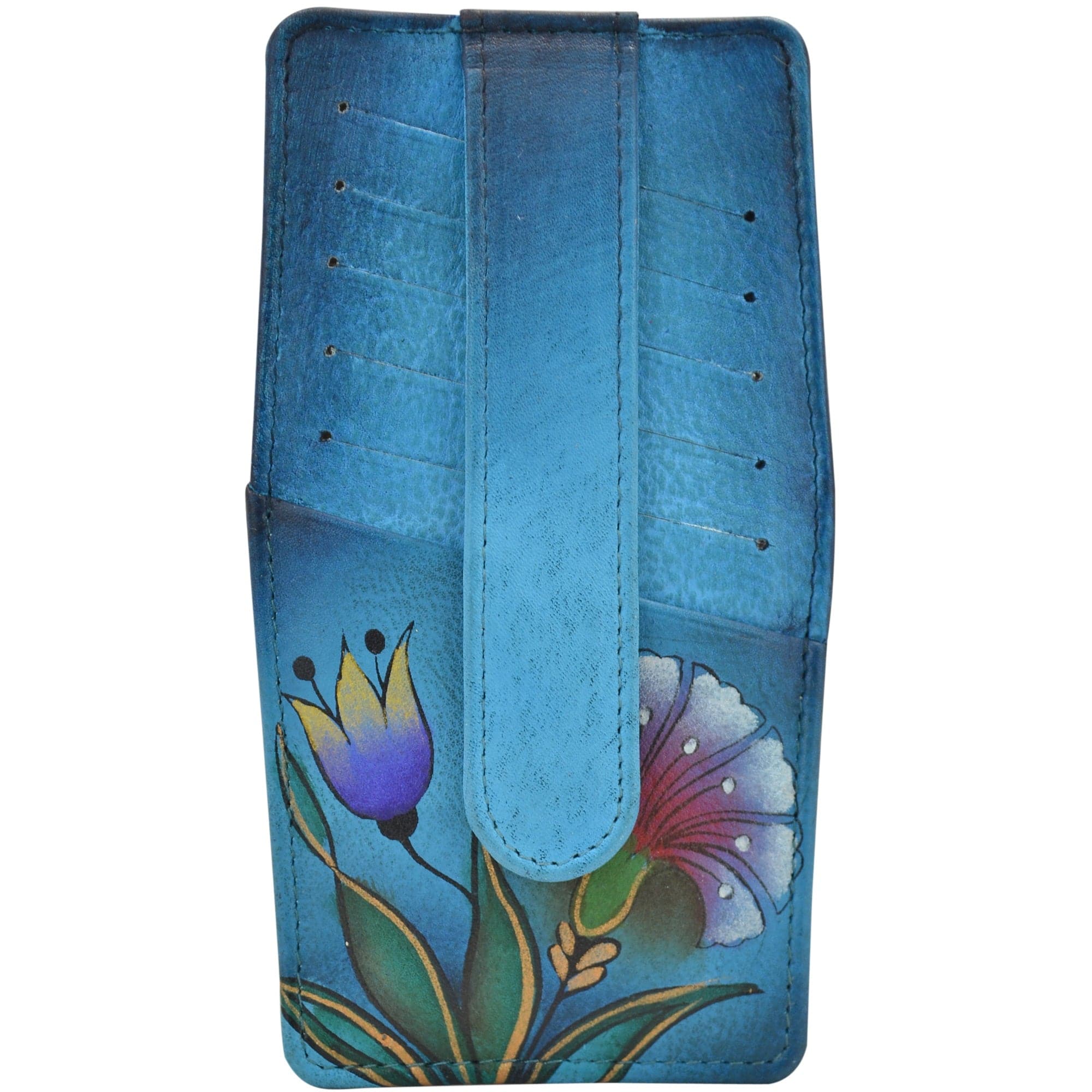 Anna by Anuschka style 1729, handpainted Credit Card Holder. Turkish Garden Denim painting in blue color. Featuring six credit card holder on each side.