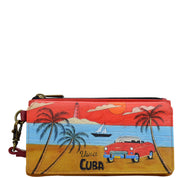 Anna by Anuschka style 1866, handpainted Flap Organizer Wallet. Viva Cuba painting in red/wine color. Featuring built-in organizer and removable strap.