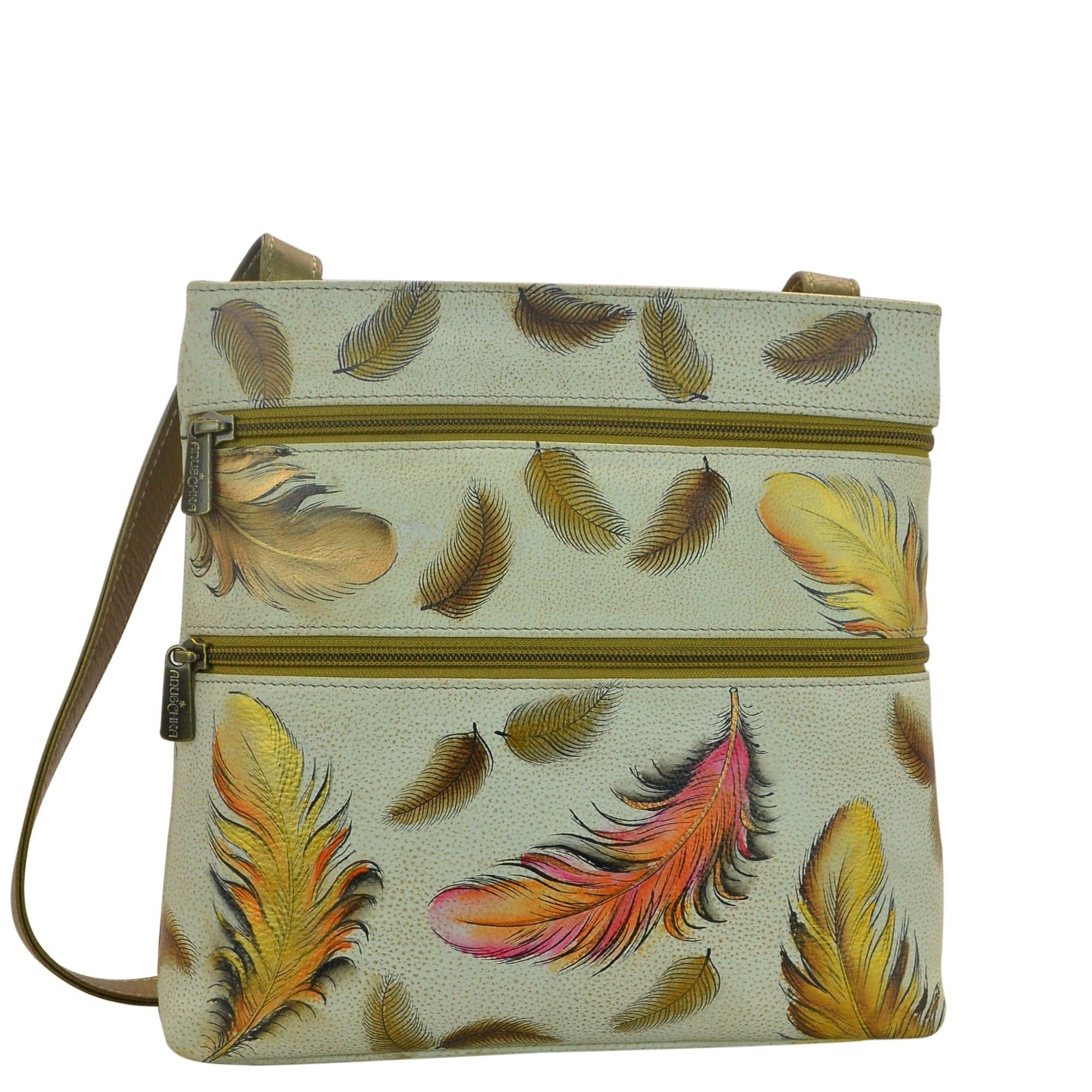 Floating Feathers Ivory Medium Crossbody With Double Zip Pockets - 447