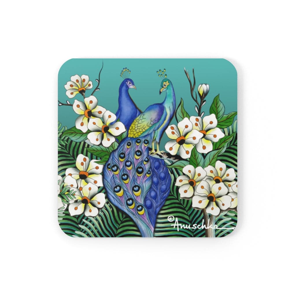 Anuschka Cork Back Coaster, Peacock Love printing in Green color. 