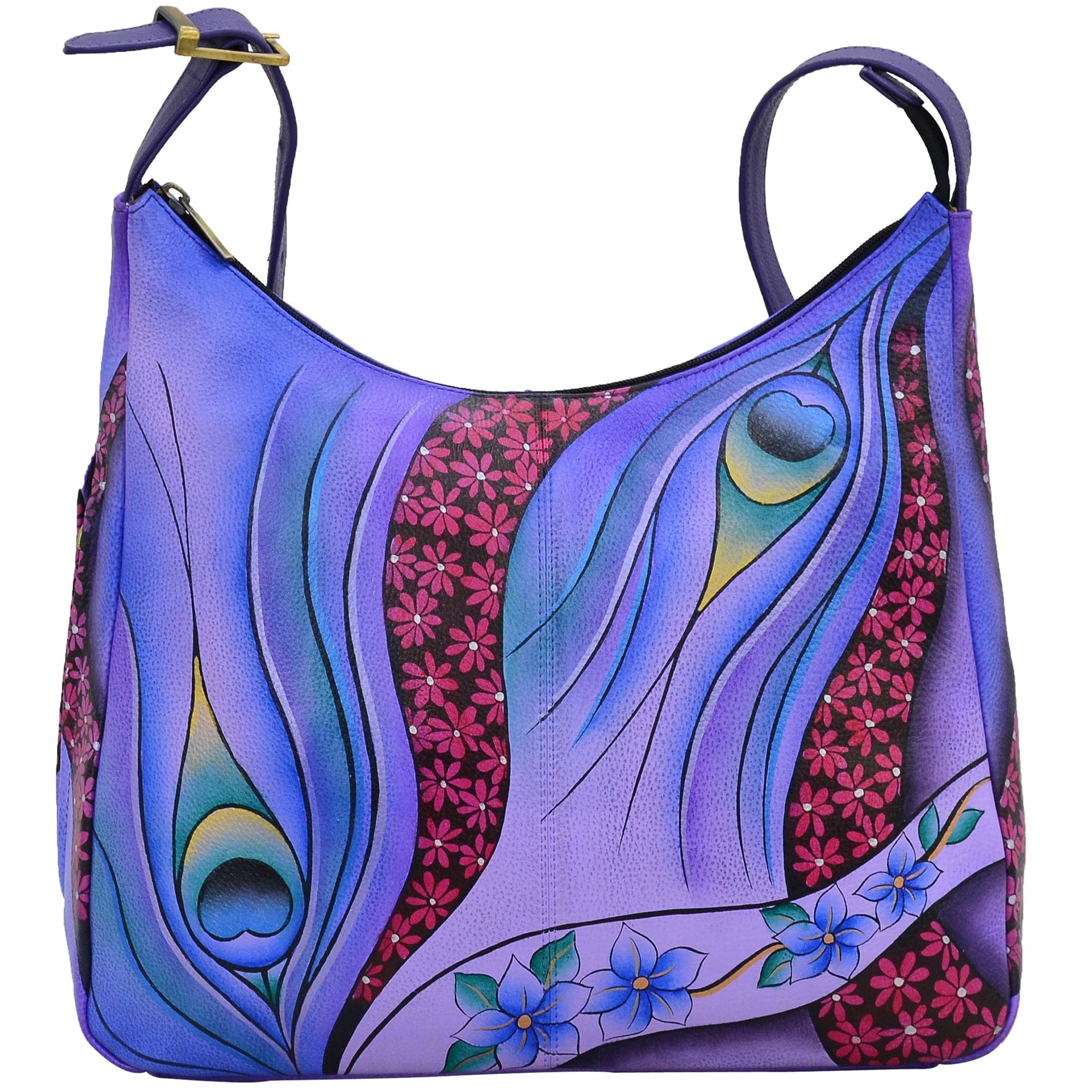 Anna by Anuschka style 7006, handpainted Large Hobo. Dreamy Peacock Dewberry painting in purple color. Featuring inside zippered wall pocket, cell and multi purpose pocket and broad adjustable handle with handle drop, Fits Laptop and tablet.