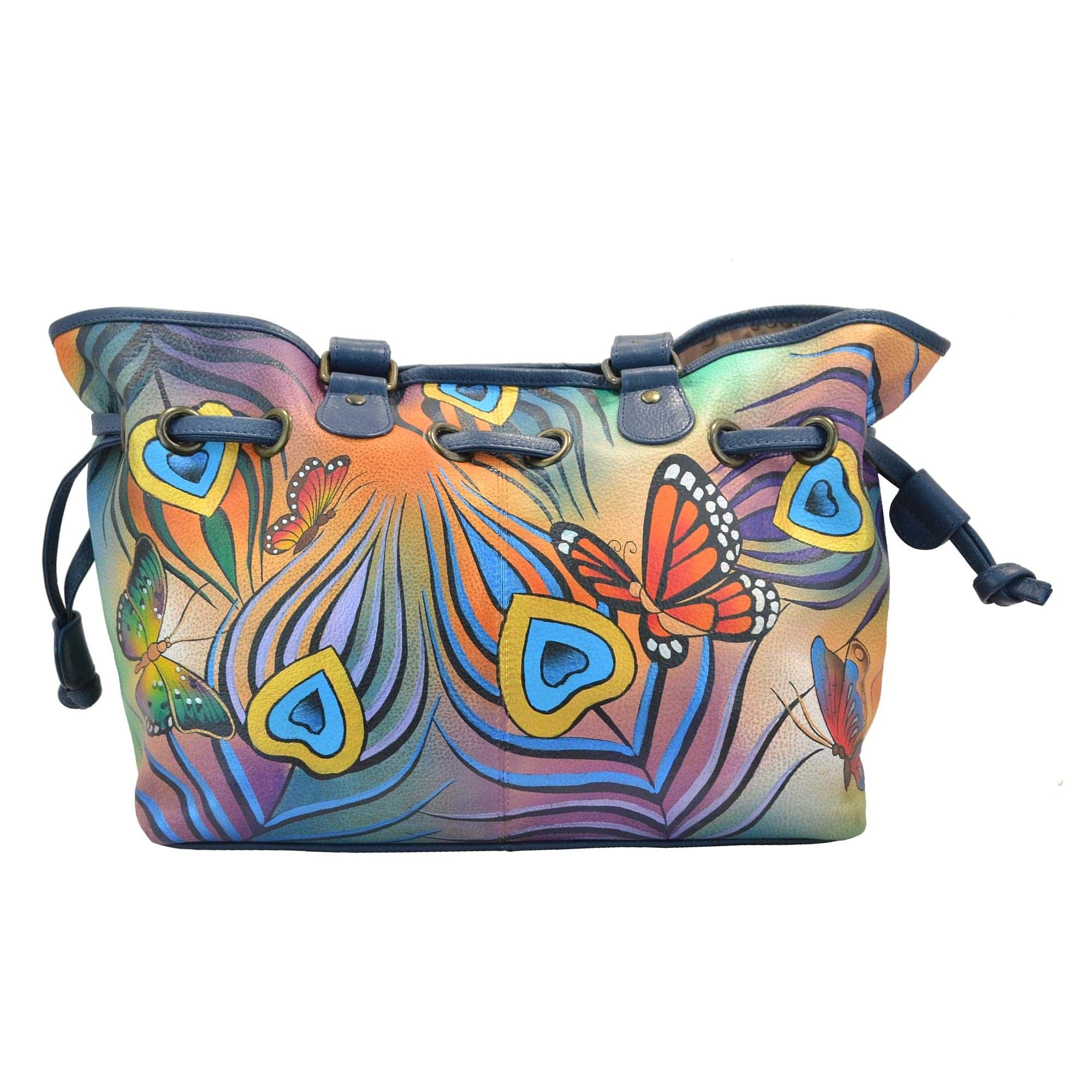Anna by Anuschka style 8050, handpainted Draw-String Tote. Flying Peacock painting in multi color. Featuring inside open wall pocket and zippered pocket, cell and multi purpose pocket and key holder, Fits Laptop, Fits tablet, Fits E-Reader.