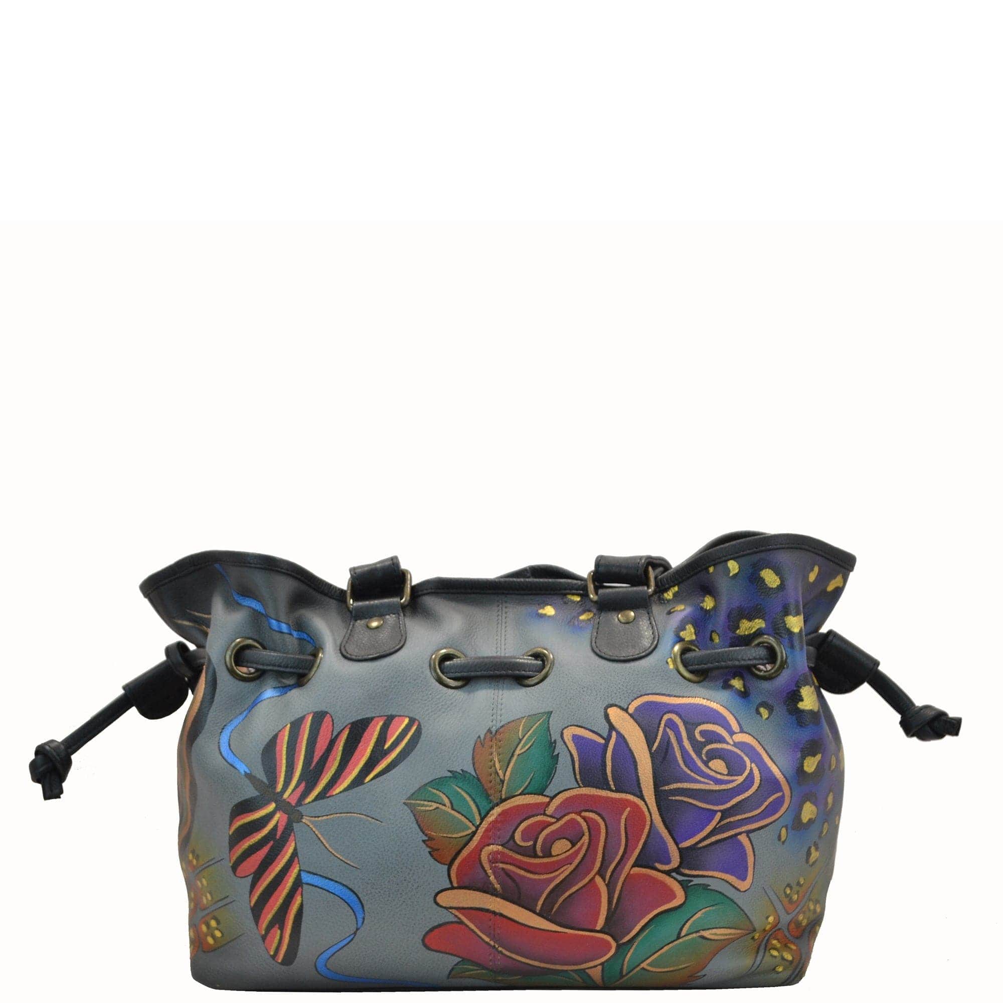 Anna by Anuschka style 8050, handpainted Draw-String Tote. Rose Safari Grey painting in grey color. Featuring inside open wall pocket and zippered pocket, cell and multi purpose pocket and key holder, Fits Laptop, Fits tablet, Fits E-Reader.