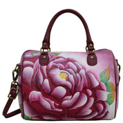 Anna by Anuschka style 8067, handpainted Large Zip Around Satchel. Precious Peony painting in pink/peach color. Featuring inside zippered wall pocket, cell and multi purpose pocket, Removable strap, Fits Laptop.