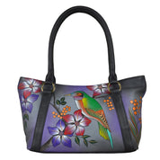 Anna by Anuschka style 8072, handpainted Medium Tote. Bird on a Branch Grey painting in grey color. Featuring inside zippered wall pocket, cell and multi purpose pocket, Fits tablet, Fits E-Reader