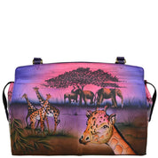 Anna by Anuschka style 8077, handpainted Large Satchel. Serengeti Sunset painting in pink/peach color. Featuring inside one full length pocket, one zippered wall pocket, one cell pocket and two multipurpose pockets, Fits Laptop.