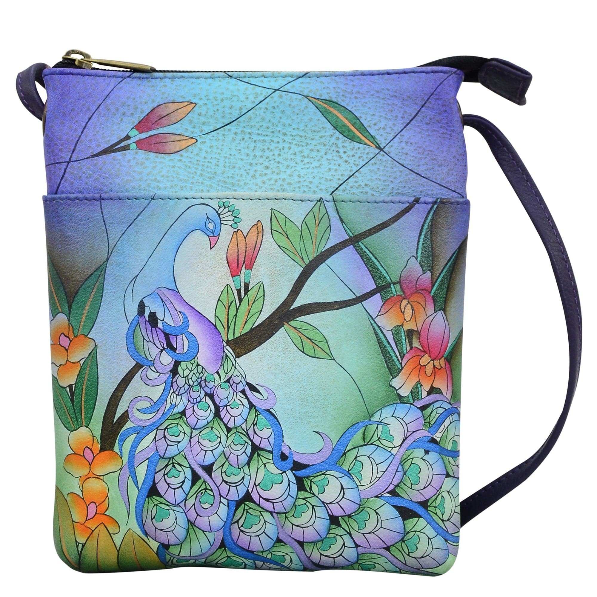Anna by Anuschka style 8123, handpainted Mini Cross Body. Midnight Peacock painting in blue color. Featuring inside full length zippered wall pocket, one cell pocket, fits phone.