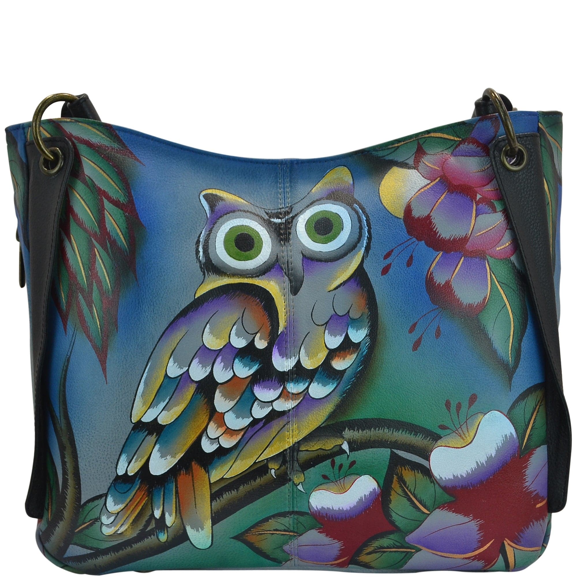 Anna by Anuschka style 8211, handpainted Shoulder Bag. Midnight Owl painting in multi color. Featuring magnetic snap button entry to main compartment, inside one full length zippered wall pocket, one open wall pocket, two multipurpose pockets.
