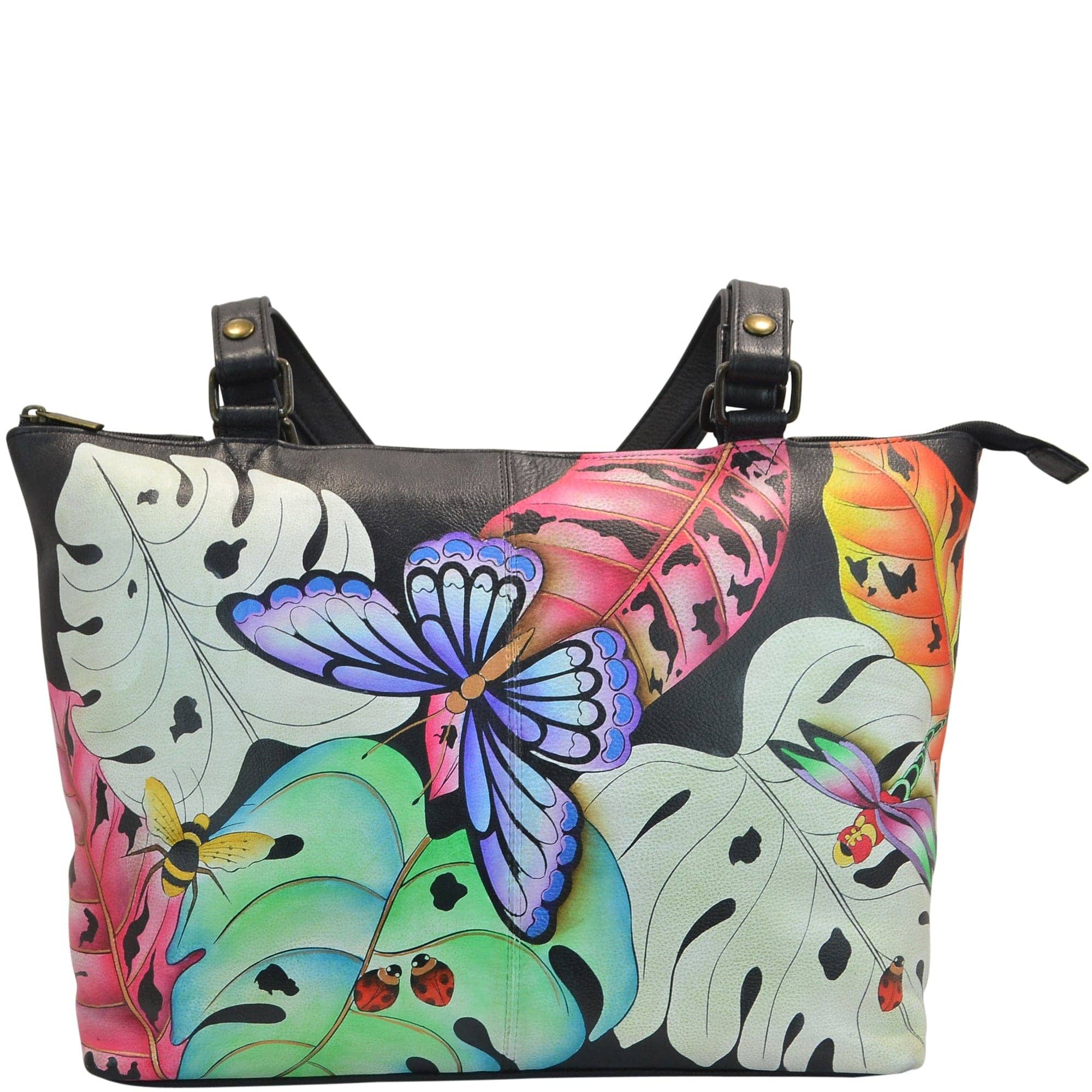 Anna by Anuschka style 8229, handpainted Large Tote. Lovely Leaves painting in multi color. Featuring inside one zippered compartment, one zippered wall pocket, one open pockets, two multipurpose pockets, Fits tablet, Fits Laptop.