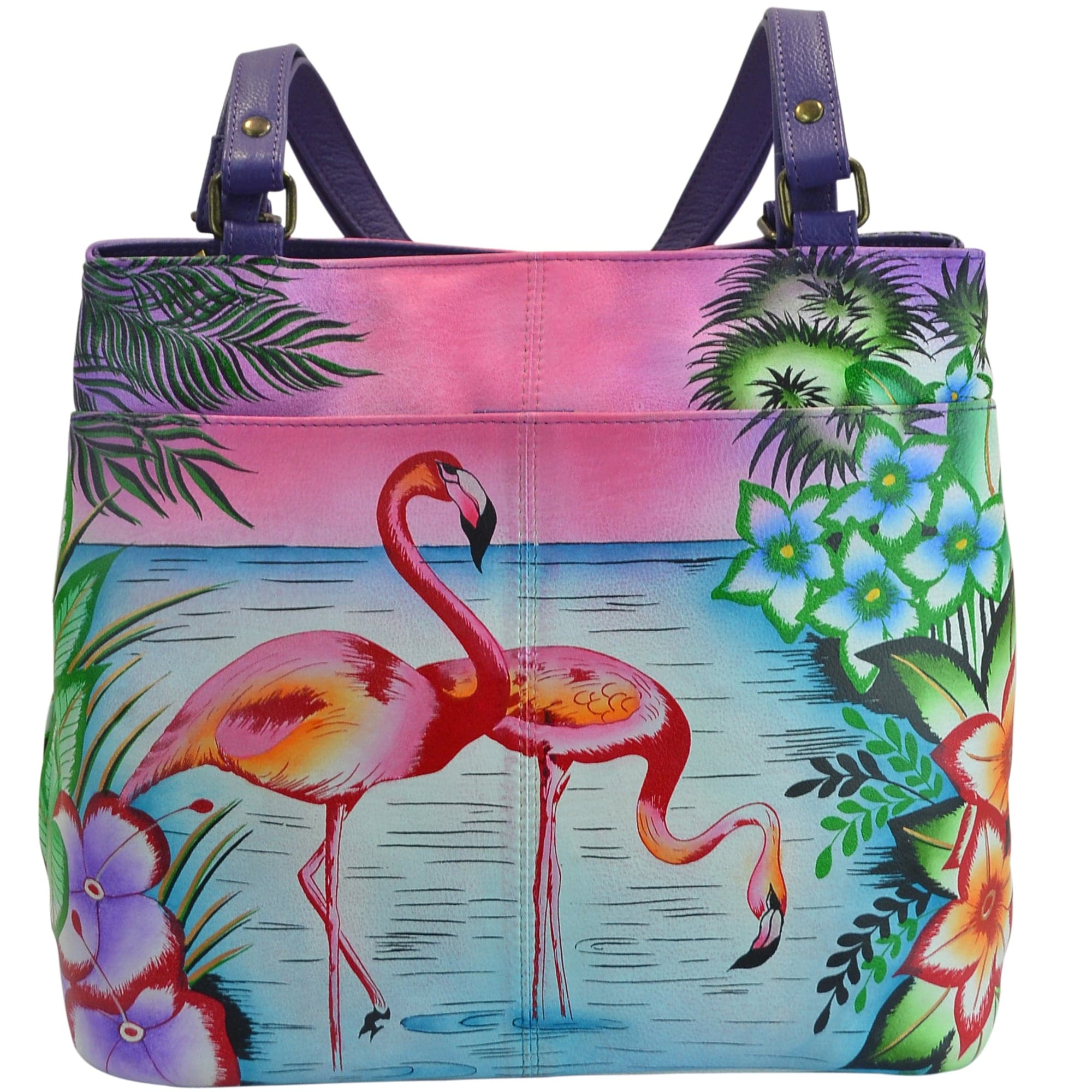 Anna by Anuschka style 8250, handpainted Twin Top Tote. Tropical Flamingos painting in purple color. Featuring one top zip and one snap button entry to two main compartments, front pocket with magnetic button.