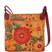 Anna by Anuschka style 8253, handpainted Cross Body Organizer. Summer Bloom painting in orange color. Featuring inside one full length zippered wall pocket, open wall pocket, two multipurpose pockets, 4 credit card pockets, One Slip in pocket, two pen holders, built-in organizer.